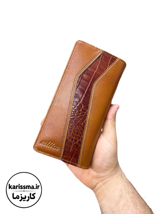 کیف پول کتی مدل نوار وسط چرم طبیعی میلیان عسلی از نمای روبرو